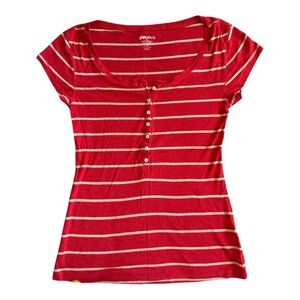 Old Navy Red and White Striped Henley Short Sleeve Tee Vintage Y2K